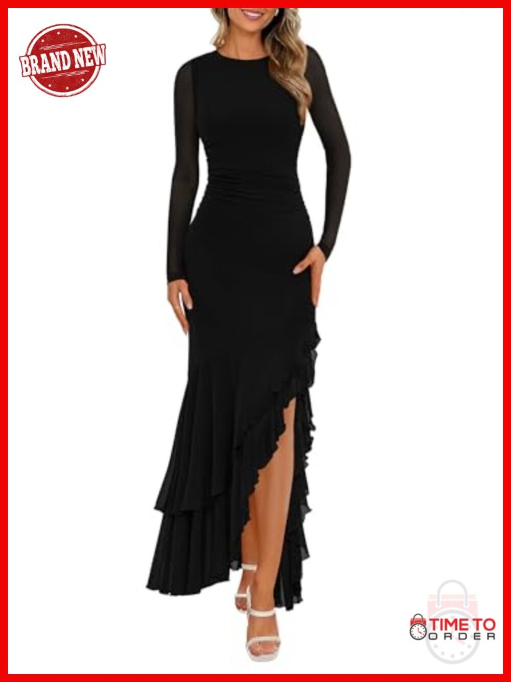 BTFBM Women's Maxi Dress Long Sleeve Mesh Tiered Ruffle Wedding Guest